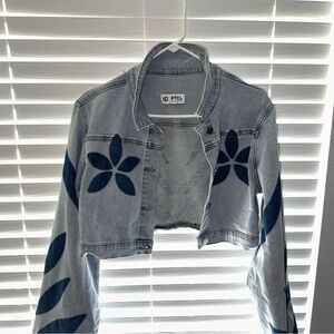 Blue Floral Cropped Denim Jacket
